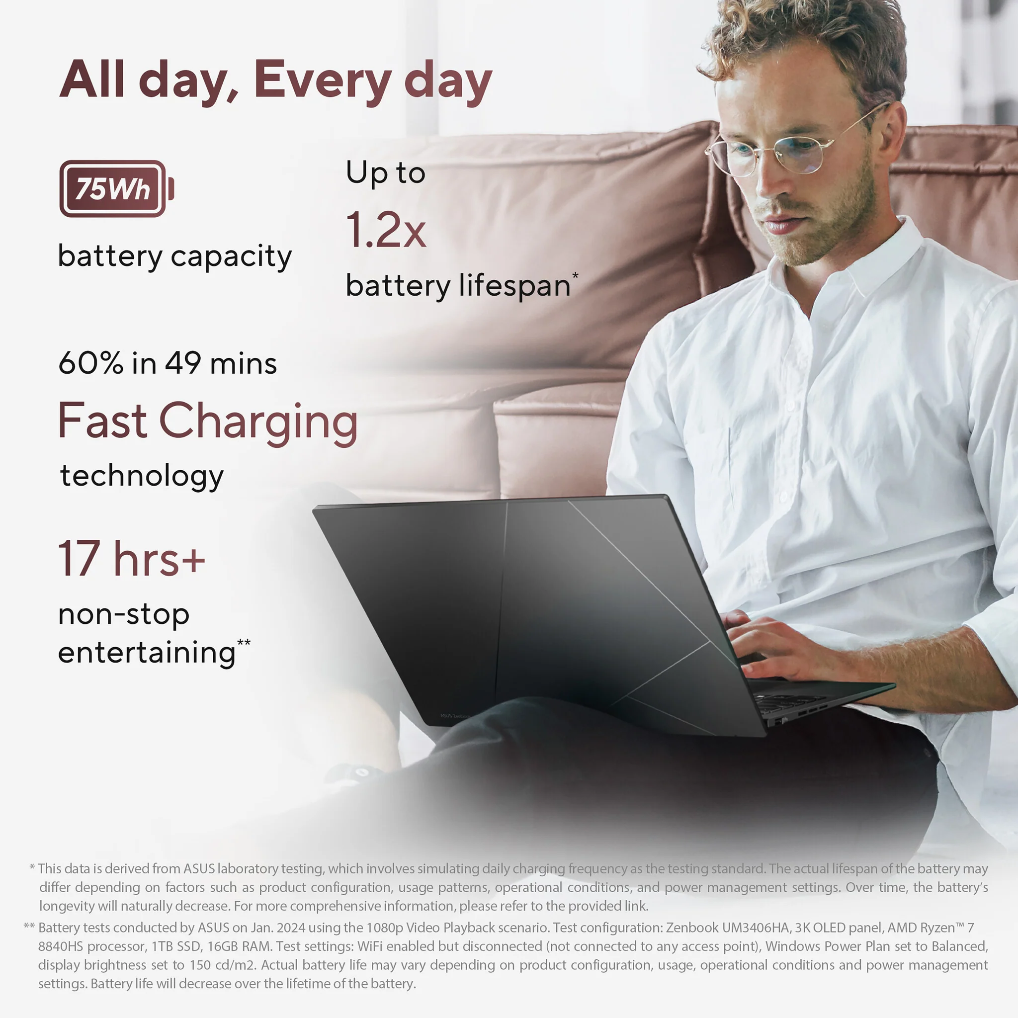 ASUS Zenbook 14 OLED Laptop - 35.6 cm (14") - AMD Ryzen™ 7 8840HS - 16 GB LPDDR5x-SDRAM - 1 TB SSD - Wi-Fi 6E - Windows 11 Home - Black - Image 11