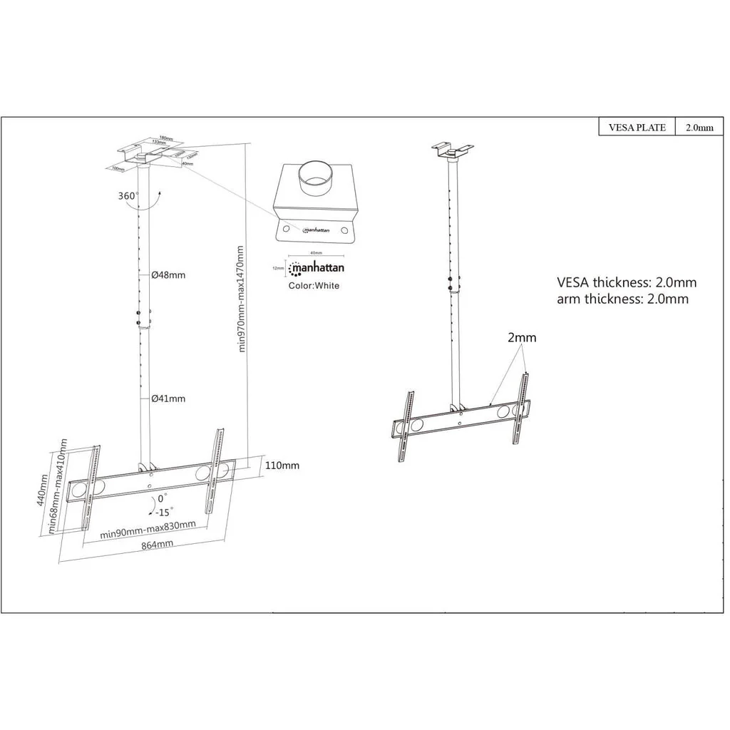 Manhattan 423625 - Ceiling monitor/TV mount for 94 cm (37") to 177.8 cm (70") - Image 5