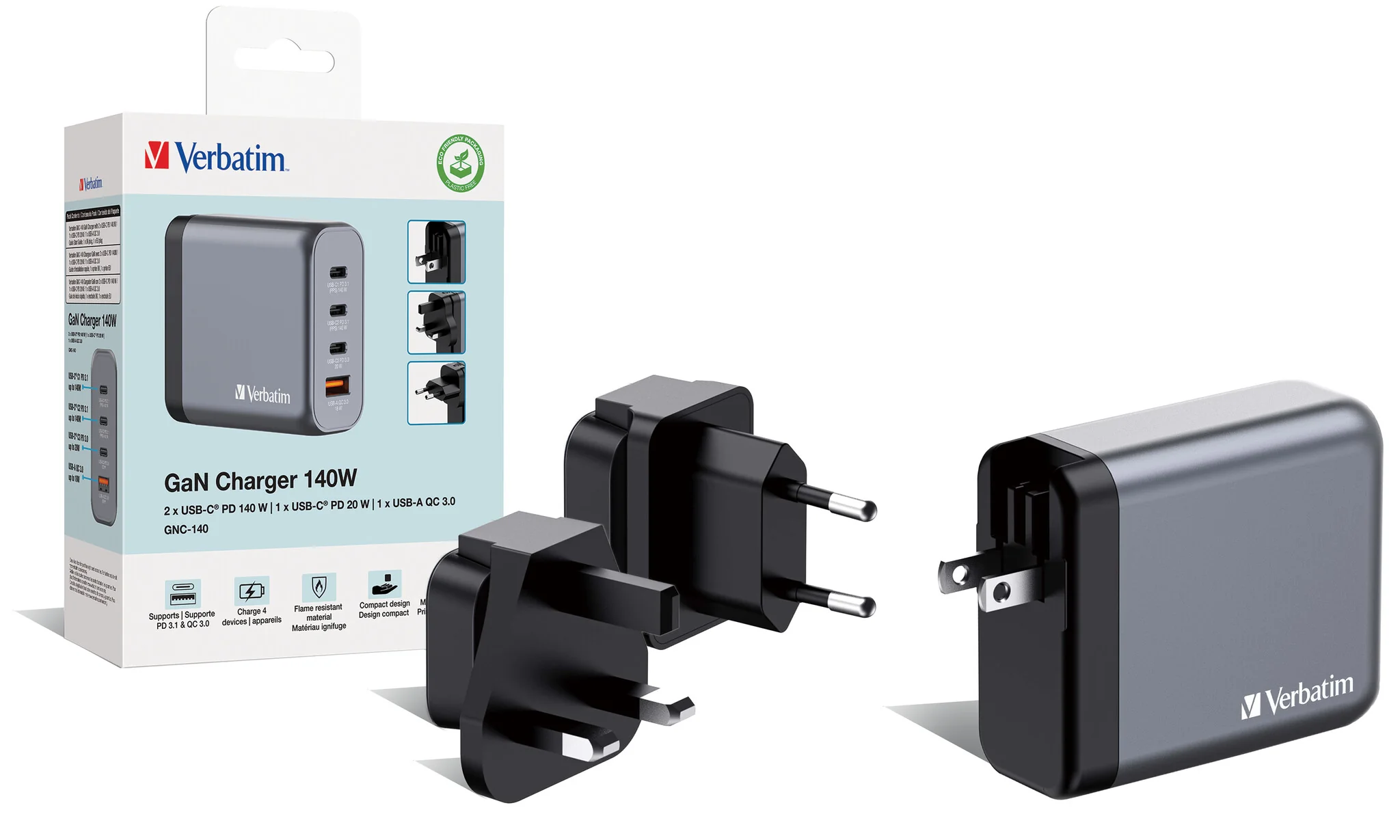 Verbatim GNC-140 GaN Charger 140W with 2 x USB-C PD 140W / 1 x USB-C PD 20W / 1 x USB-A QC 3.0 (EU/UK/US) - Image 5