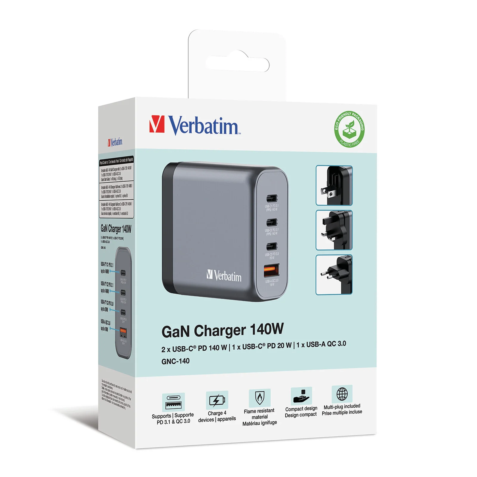 Verbatim GNC-140 GaN Charger 140W with 2 x USB-C PD 140W / 1 x USB-C PD 20W / 1 x USB-A QC 3.0 (EU/UK/US) - Image 6