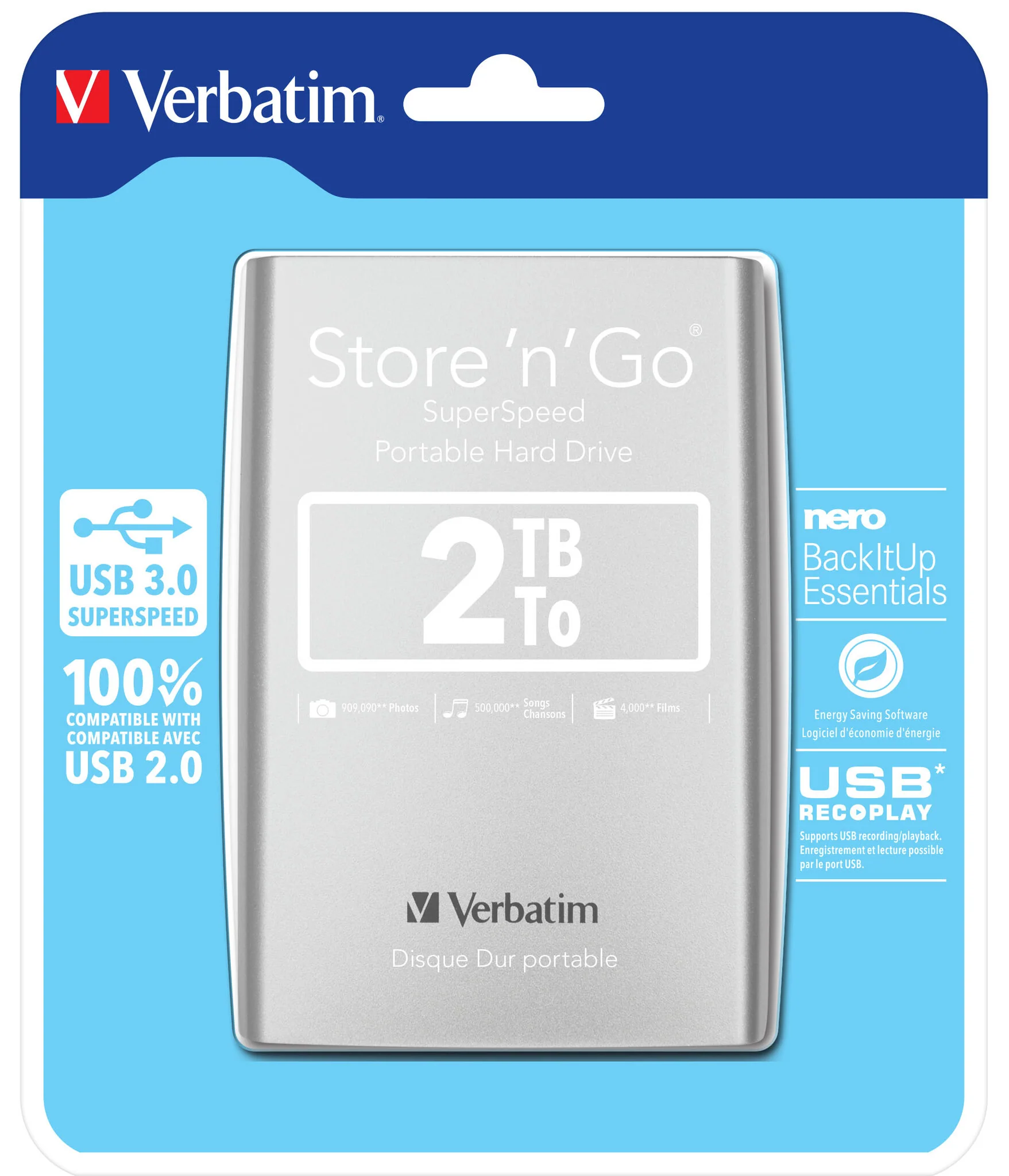 Verbatim Store 'n' Go USB 3.0 Portable Hard Drive in Silver - 2 TB